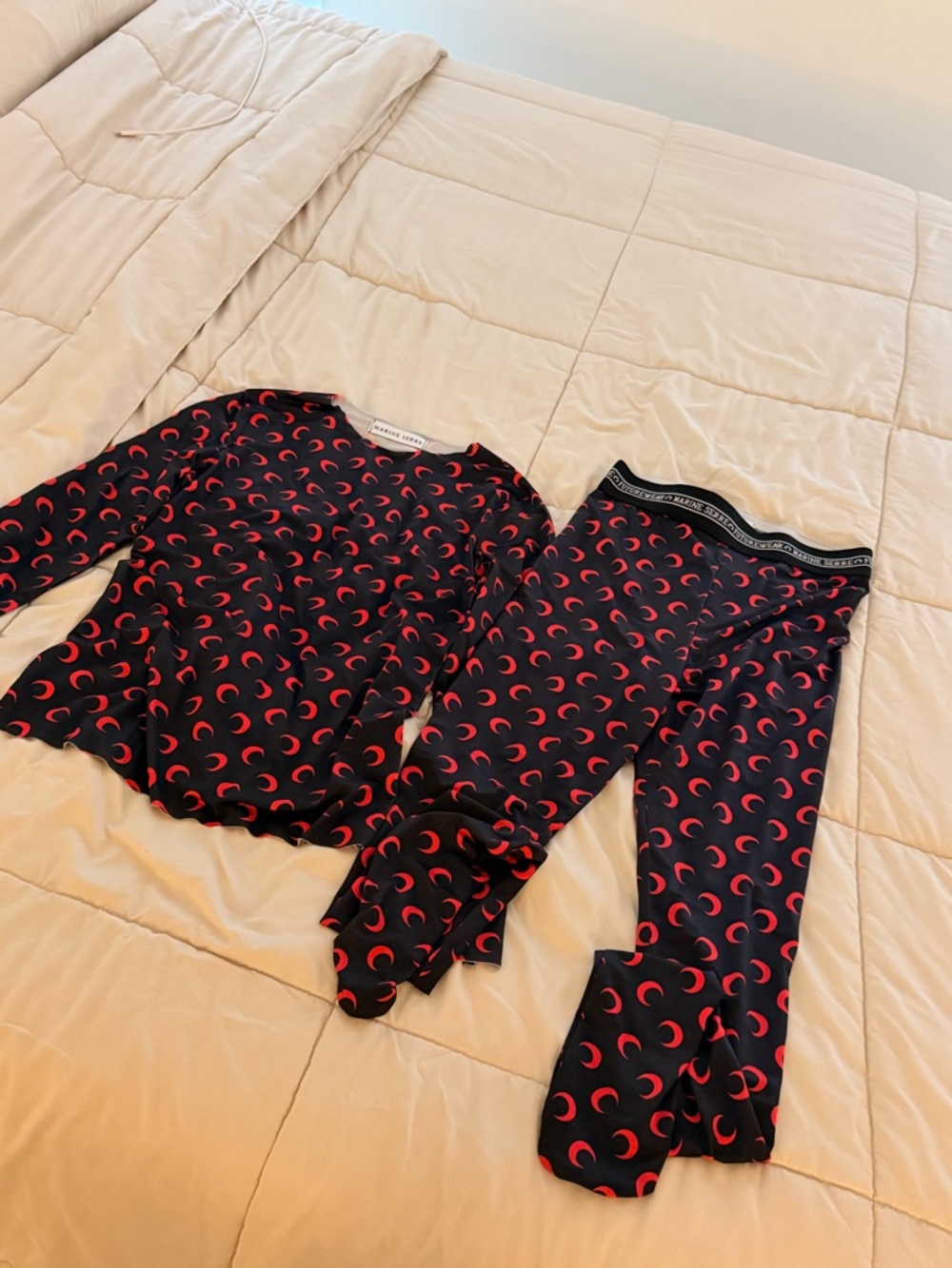 Marine Serre Black Top & Pants Set with Red Crescent Print